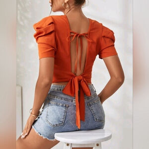 Orange Puff Sleeve Open Back Tie Crop Top – Size L (8/10)